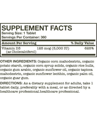 Futurebiotics Vitamin D3 5 000 IU (125 MCG) USDA Certified Organic Vitamin D Supplement 360 Tablets - Buy Online on GoSupps.com