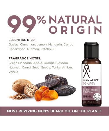 Man Alive Beard Oil for Men - 99% Natural Skincare 50ml with Oatmeal, Argan Oil, Jojoba Oil & Almond Oil - Softens Facial Hair, Ideal Men's Gift - Black Suede & Tonka Scent - Buy Online on GoSupps.com