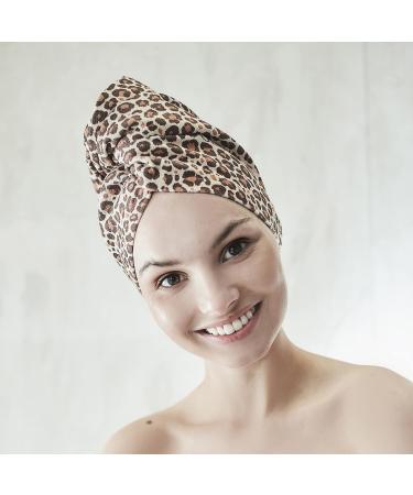 Hair Turban Quick-Dry Microfiber Towel - Absorbent Cheetah Print Universal Size with Loop & Buttons - Buy Online on GoSupps.com