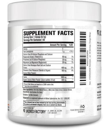 Jacked Factory HYDRASURGE Electrolyte Powder - Hydration Supplement with Key Minerals Himalayan Sea Salt Coconut Water - Keto Friendly Sugar Free Naturally Sweetened - 60 Servings Orange Mango - Buy Online on GoSupps.com