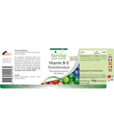 Fairvital | Vitamin B5 pantothenic acid 200mg - 8 months cure - VEGAN - High dosed - 250 tablets - Buy Online on GoSupps.com