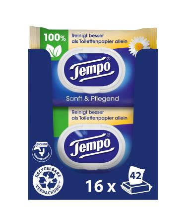 Tempo moist toilet towels "gentle & caring" - megapack - 16 packs with 42 towels each - with natural chamomile - damp toilet paper dermatologically tested and pH -neutral