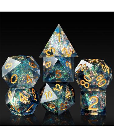 Dungeons and Dragons Dice Set DNDND Handmade Sharp Edge 7 Resin D&D Die with Gift Dice Case for DND Dungeons and Dragon Game (Dark Cyan with Gold Number)