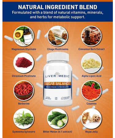 Liver Medic Blood Sugar Complex Supplement Supports Healthy Normal Energy Levels All Natural with Berberine Cinnamon Bitter Melon Chromium Magnesium Alpha Lipoic Acid NonGMO 60 Capsules - Buy Online on GoSupps.com