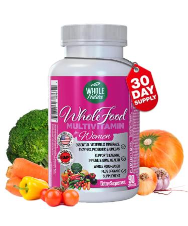 Whole Nature Whole Food Multivitamin for Women Womens Multi Vitamin with Folate B12 Methyl Vitamins Minerals Probiotics and Omegas Vegan Non GMO- 90 Capsules (1) (1)