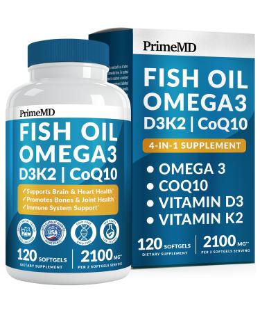 4-in-1 Fish Oil Omega 3 Fatty Supplements (2100mg) - Omega 3 Fish Oil with Vitamins D3 K2 and CoQ10 - Lemon Flavored (120 softgels) 120 Count (Pack of 1)
