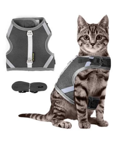 PATTEPOINT Escape Proof Mesh Cat Harness and Leash Set, Adjustable Walking Jacket Vest for Extra Kittens, Full-Edge Reflective Strips Provide Protection for Cats Walking at Night Grey Medium