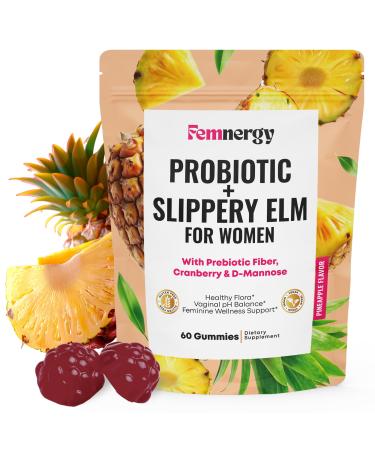 Femnergy Feminine Probiotics Slippery Elm Gummies - Women's Probiotic for Vaginal Moisture PH Balance Immune Support Healthy Flora & Digestive Health - Tropical Pineapple Flavor Vegan Gluten-Free