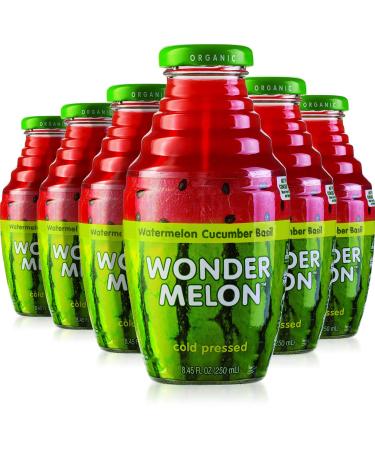 Wonder Melon Organic Watermelon Juice with Cucumber & Basil, 8.45oz (6 Pack) 100% Juice, Cold Pressed Watermelon + Cucumber & Basil