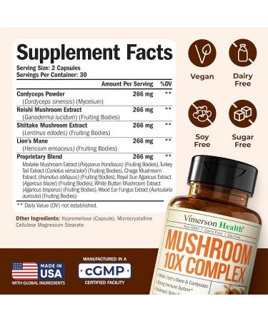 Mushroom 10x Complex with Lions Mane Extract Turkey Tail Cordyceps Reishi Shiitake Chaga & Maitake for Cognitive Support Vegan Mushroom Supplement Blend for Natural Energy & Focus 60 Capsules Mushroom Complex 10-in-1 - Buy Online on GoSupps.com