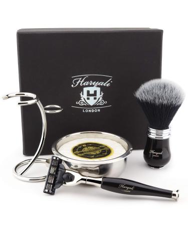 Haryali London Men's 3 Edge Shaving Set with Shaving Brush Stand Bowl and Soap Black 5 Piece Set - Buy Online on GoSupps.com