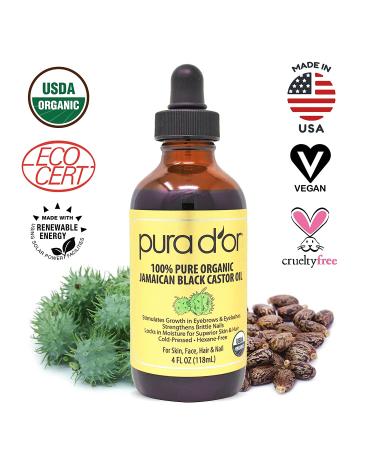 PURA D'OR Organic Jamaican Black Castor Oil 4oz - Cold Pressed, Hexane Free | Includes 2 Bonus Brushes | Natural Smoky Scent | Fuller Lashes & Brows | Growth Serum - Buy Online on GoSupps.com