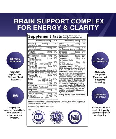 Brain Supplement for Focus, Memory and Energy Support with DMAE, Bacopa Monnieri and Phosphatidylserine - 180 Capsules - Buy Online on GoSupps.com