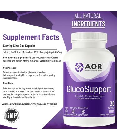 AOR - GlucoSupport 30 Capsules - Blood Glucose Support and Blood Sugar Control Supplement - Insulin Resistance Supplement - Mulberry Leaf Extract Morus Alba - Support Healthy Blood Sugar Formula - Buy Online on GoSupps.com