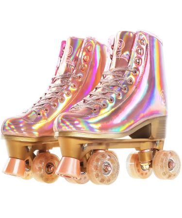 JajaHoho Roller Skates for Women, Holographic High Top PU Leather Rollerskates, Shiny Double-Row Four Wheels Quad Skates for Girls and Age 8-50 Indoor Pink Rose Gold Rose Gold US 5