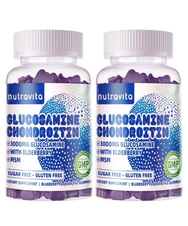 Nutravita Glucosamine Chondroitin Gummies with MSM & Elderberry Extra Strength - Joint Support Antioxidant Immune Support Supplement for Adults Men & Women.120 Blueberry Chews