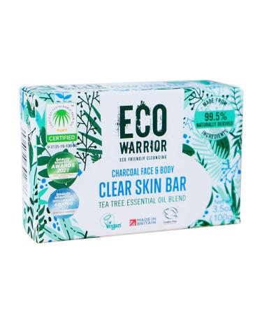 Eco Warrior Charcoal Clear Skin Soap Bar - Vegan Cruelty Free No SLS or Parabens Whole Body Soap Moisturising Charcoal Grapeseed and Anti Bacterial Tea Tree Essential Oil Eco Friendly Soap 100g