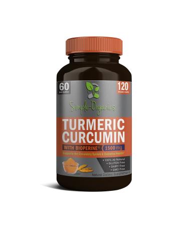 Simple-Organics Turmeric Curcumin with Bioperine  Black Pepper Extract for Absorption  Natural Joint Support and Overall Health  1500mg per Serving  120 Vegan Capsules