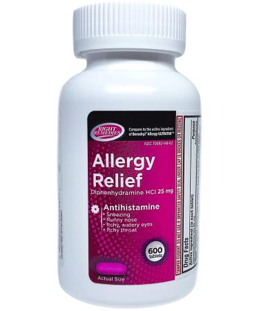 RIGHT REMEDIES Allergy Relief Antihistamine Diphenhydramine HCl 25mg Generic Benadryl Ultratabs Relieves Seasonal Indoor or Outdoor Upper Respiratory Allergies 600 Count
