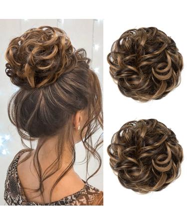Jjstar 2 piece of hair part with rubber band dutt hair part lured hair tie with hair updos hair extension messy bun hair parts for women girls ponytail dark brown & golden
