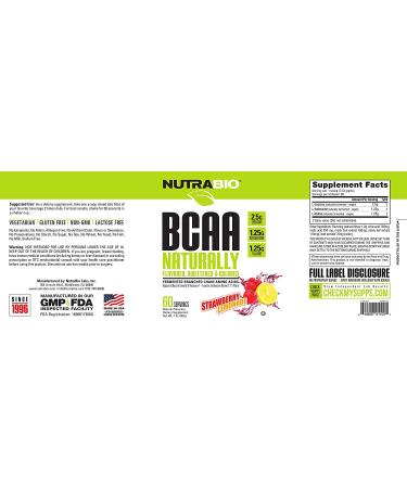 NutraBio BCAA 5000 Powder - Fermented Branched Chain Amino Acids for Muscle Growth & Recovery - Natural Flavors  Sweeteners  and Coloring  Vegan  Gluten Free - Strawberry Lemonade  60 Servings Strawberry Lemonade 1 Pound (â¦ - Buy Online on GoSupps.com