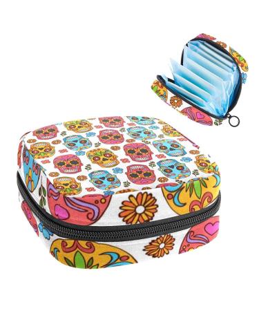 Anna Cowper Colorful Skull Sanitary Napkin Storage Bag Feminine Menstrual Cup Pouches Nursing Pad Holder Tampon Bags Portable Period Bag for Women Teen Girls 1Pcs Multi-colored 18