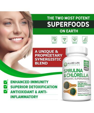 Allied Life Organic Spirulina and Chlorella Superfood Capsules - 120 Count Pack - Vegan Protein Powder with Chlorophyll - Green Superfood Supplement - Buy Online on GoSupps.com