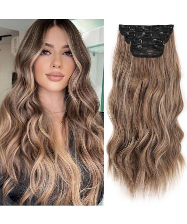 Samtress Clip In Hair Extensions Brown Mixed Blonde Extensions Clip in 16 Inch Long Wavy Synthetic Hair Extensions Fiber Hairpieces for Women (#8AH18)