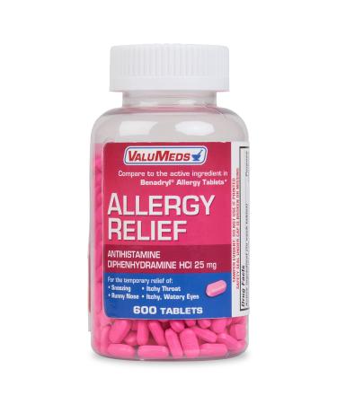 ValuMeds Allergy Medicine (600 Tablets) Antihistamine Diphenhydramine HCl 25 mg  Children and Adults  Relieve Itchy Eyes Runny Nose Sneezing