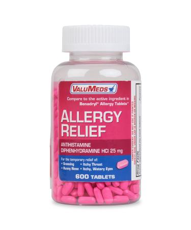 ValuMeds Allergy Medicine (600 Tablets) Antihistamine Diphenhydramine HCl 25 mg  Children and Adults  Relieve Itchy Eyes Runny Nose Sneezing - Buy Online on GoSupps.com