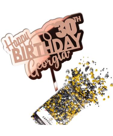 Cakeshop Cake Decoration Pack | Happy Birthday Premium 3mm Mirror Acrylic Plastic Cake Topper Sign & 25g Party Pack of Cake Sugar Sprinkles | Custom Name & Age Cake Decorations (Rose Gold) Prime Mirror Acrylic: Rose Gold