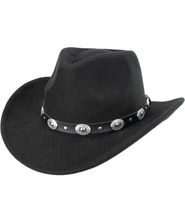 Black Cowboy Cowgirl Hat Western Style Wide Brim Felt Fedora Panama with Detachable Buckle 7 1/4 - Buy Online on GoSupps.com