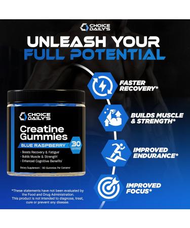 Creatine Gummies - 90 Vegan Friendly Chews - USA Made - Boosts Recovery - Builds Muscle - Enhanced Cognitive Benefits (Large Blue Raspberry) Blue Raspberry 90 Count (Pack of 1) - Buy Online on GoSupps.com