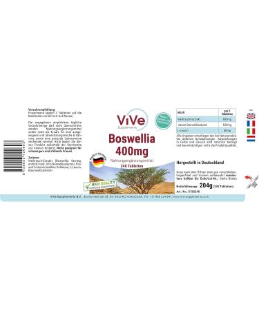 Frankincense Tablets 400mg - 240 Vegan Boswellia Serrata - High Dosage Quality - ViVe Supplements Germany - Buy Online on GoSupps.com