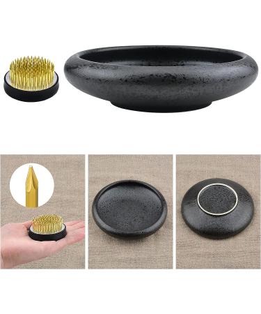 CRAFFANCY Deep Round Ceramic Ikebana Flower Vase with 5cm Kenzan Flower Frog - Black Spotted | Flower Arrangement Supplies for Home Decoration - Buy Online on GoSupps.com