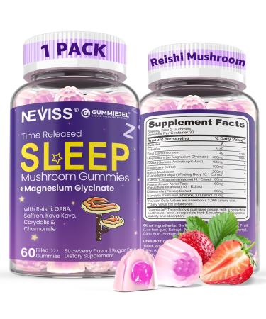 NEVISS Reishi Mushroom Sleep Gummies - Melatonin Free Sleep Gummies for Adult | Reishi, Saffron, Magnesium, GABA & Chamomile - Non-Habit Forming, Help for Deep Relaxation - Vegan, Berry Flavor, 1Pack