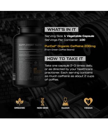 HOSSTILE PurCaf Organic Caffeine Capsules Natural Energy Supplement No Crash or Jitters Pre Workout Focus & Energy 200mg Per Serving 100 Pills - Buy Online on GoSupps.com