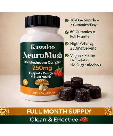 Kuwaloo Mushroom Gummies 10X Mushroom Complex with Lion s Mane Reishi & Cordyceps 60 Vegan Gummies | Nootropic Brain Support Focus & Clarity Support Immune & Stress Support - Buy Online on GoSupps.com