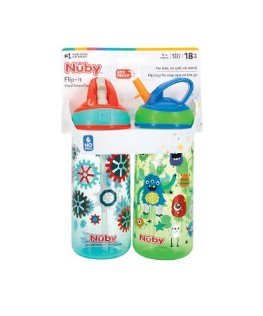Nuby 2 Pack Iridescent Flip-it Kids On-The-Go Printed Water Bottle with Bite Proof Hard Straw - 18oz / 540 ml 18+ Months 2 pk Prints May Vary Colors May Vary - Buy Online on GoSupps.com