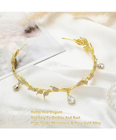 Hicarer Rhinestone Leaf Wedding Tiara Crown Headband for Brides - Gold Fairy Pixie Elf Ears - Ideal for Pageants, Prom & Cosplay - Buy Online on GoSupps.com