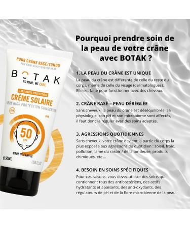 BOTAK Sunscreen SPF50 For Shaved/Shorn/Bald Head | Vegan French | Very High UV Protection | 0 white marks | Non-greasy | Waterproof | Anti-dryness | Regulates pH and microbiota | 50mL - Buy Online on GoSupps.com