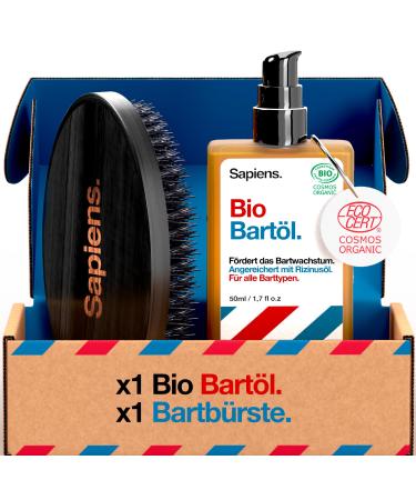 Sapiens Barbershop Bartbrush Men and Bio Bart l - Bat care Set with organic beard oil and wild boar bristle beard brush for all bartTypes - Beard Brush and Bear Oil Set Beard Bush + Bart l