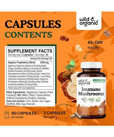 Wild & Organic Immune Mushroom Complex Capsules - 8 Mushroom Blend Supplements for Immunity Support with Turkey Tail Chaga & Reishi Powder - 45 Days Supply - Vegan No Fillers Non-GMO - 90 Count 90 Count (Pack of 1) - Buy Online on GoSupps.com