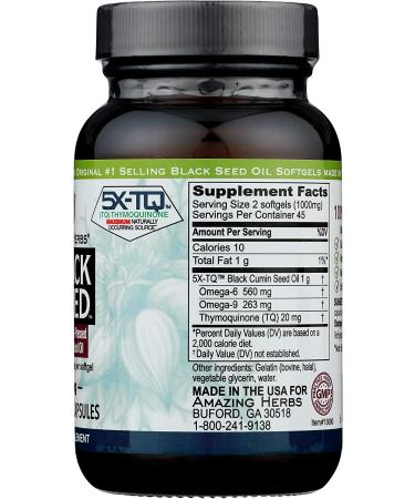 Amazing Herbs Premium Black Seed Oil Capsules - 90ct, 500mg - Cold Pressed Nigella Sativa for Digestive Health, Immune Support & Brain Function - Gluten Free, Non GMO - Buy Online on GoSupps.com