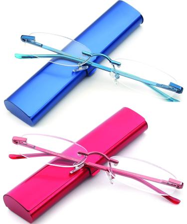 Newbee Fashion Portable Compact Reading Glasses - Slim Design Metal Rimless - 2 Pack (Blue & Red 2.75) - Lightweight Comfort Fit - International Shipping Available - Buy Online on GoSupps.com