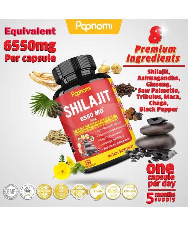 Shilajit Extract Capsules 6550mg + Ashwagandha, Ginseng, Saw Palmetto, Maca, Tribulus, Chaga, Pepper | 5 Month Supply | Immune & Brain Boost - Buy Online on GoSupps.com