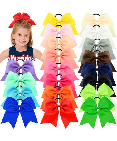 WillingTee 20Pcs 8 Large Cheer Bows for Girls Ponytail Holder Grosgrain Ribbon Cheerleading Bows Elastic Hair Tie Bands for Baby Girls School Colleage Teens Senior Cheerleader