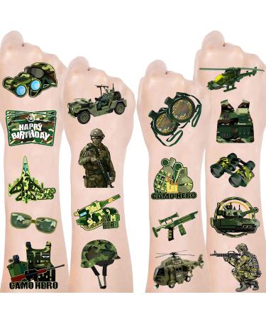 170PCS Camouflage Military Themed Temporary Tattoo Army Party Favors Camo Military equipment Tank Helicopter Tattoos Stickers for Kids Adult Outdoor Sports Birthday Party