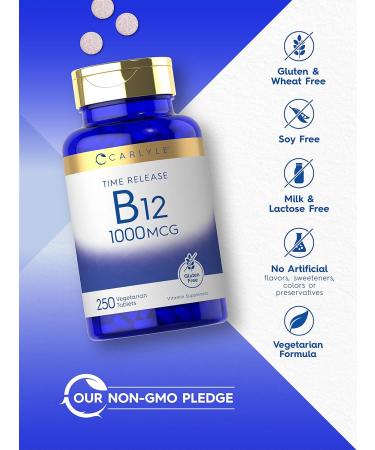 Carlyle B12 Vitamin 1000 mcg | 250 Count | Time Release Tablets | as Cyanocobalamin | Vegetarian Non-GMO & Gluten Free Supplement 250 Count (Pack of 1) - Buy Online on GoSupps.com