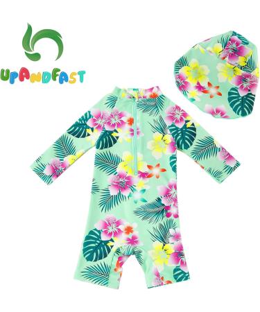 UPF 50+ Baby Girl One Piece Swimwear with Sun Hat | Toddler Swimsuit Set | Green Flower | 3-6 Months - Buy Online on GoSupps.com